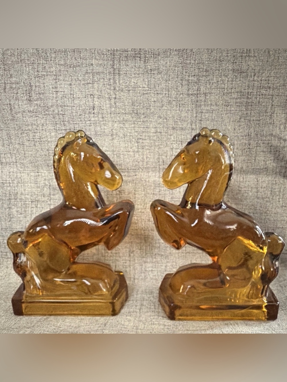 L.E. Smith Amber Glass Rearing Horse Bookends Vintage Mid Century Pair